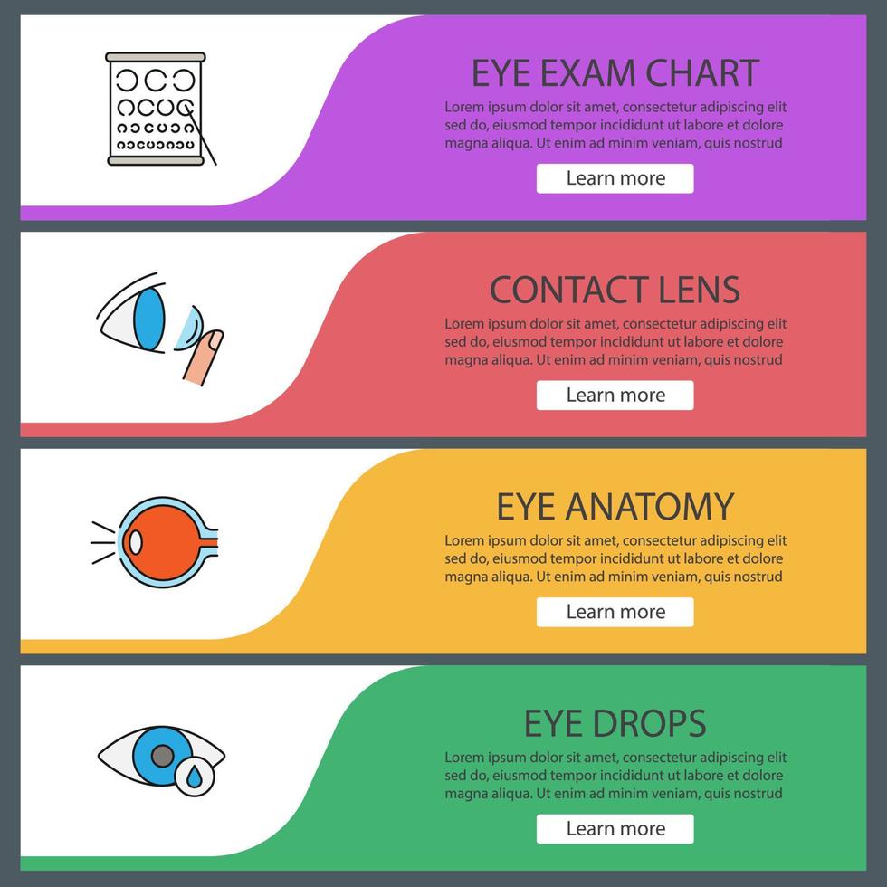 ensemble de modèles de bannière web d'ophtalmologie. tableau de Landolt, lentilles de contact, anatomie des yeux, gouttes. éléments du menu de couleur du site Web. concepts de conception d'en-têtes de vecteur