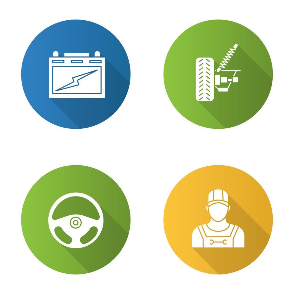 Ensemble d'icônes de glyphe grandissime de conception plate d'atelier automatique. batterie automobile, suspension de voiture, gouvernail, réparateur. illustration vectorielle vecteur