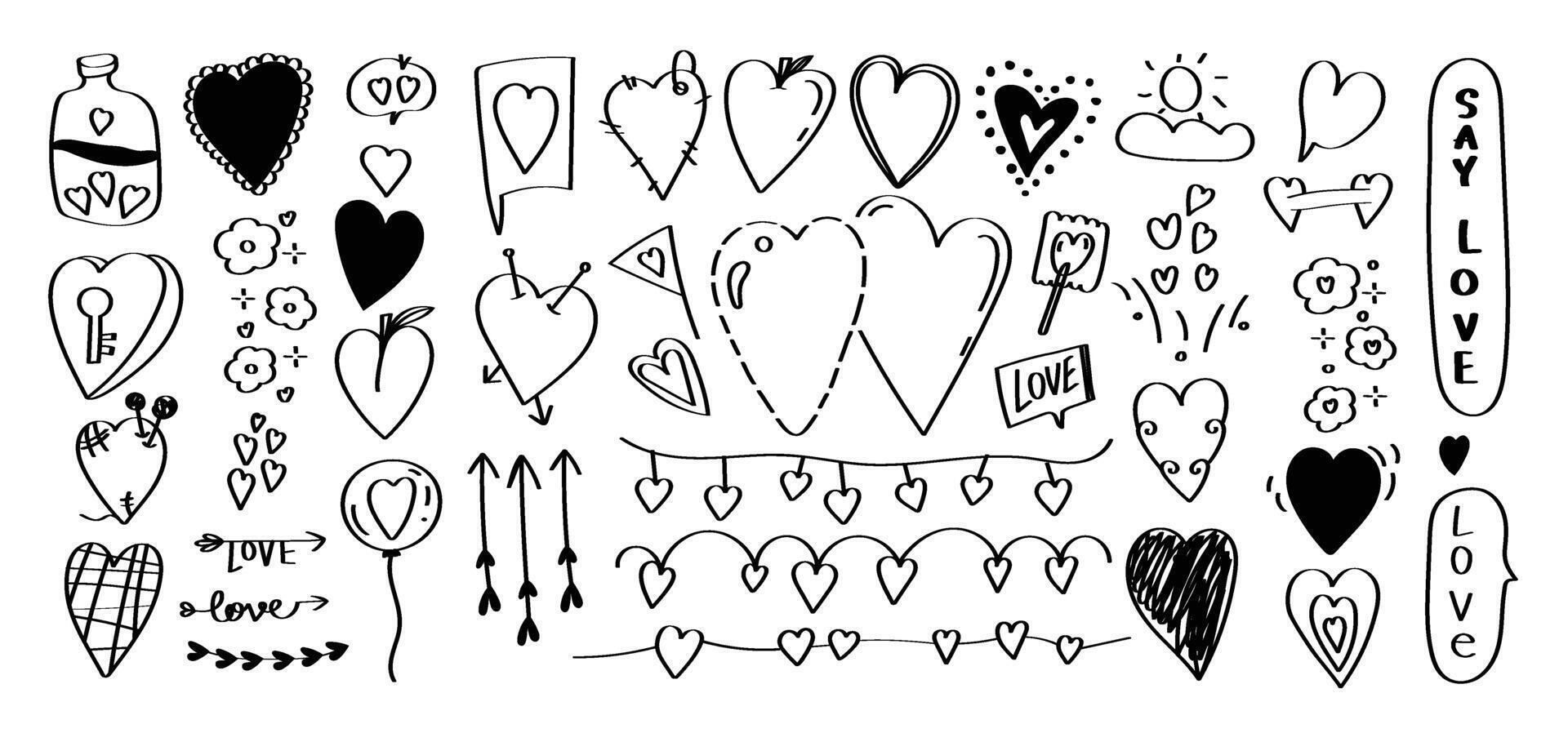 ensemble de Valentin griffonnage élément vecteur. main tiré griffonnage style collection de cœur, flèche, discours bulle, fleur, clé, bouteille, ballon. conception pour imprimer, dessin animé, décoration, autocollant, clipart. vecteur