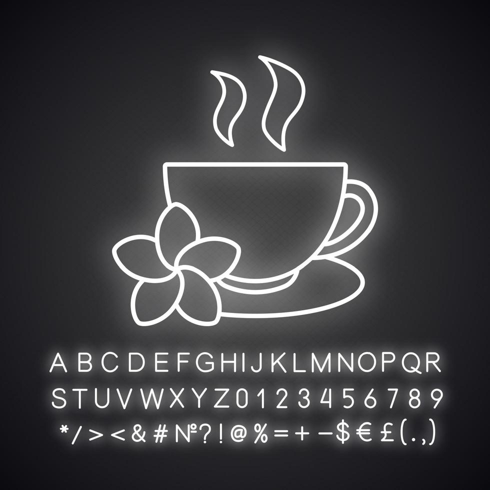 icône de néon de tasse de thé aux herbes. tasse à thé avec fleur de plumeria. signe lumineux avec alphabet, chiffres et symboles. illustration vectorielle isolée vecteur