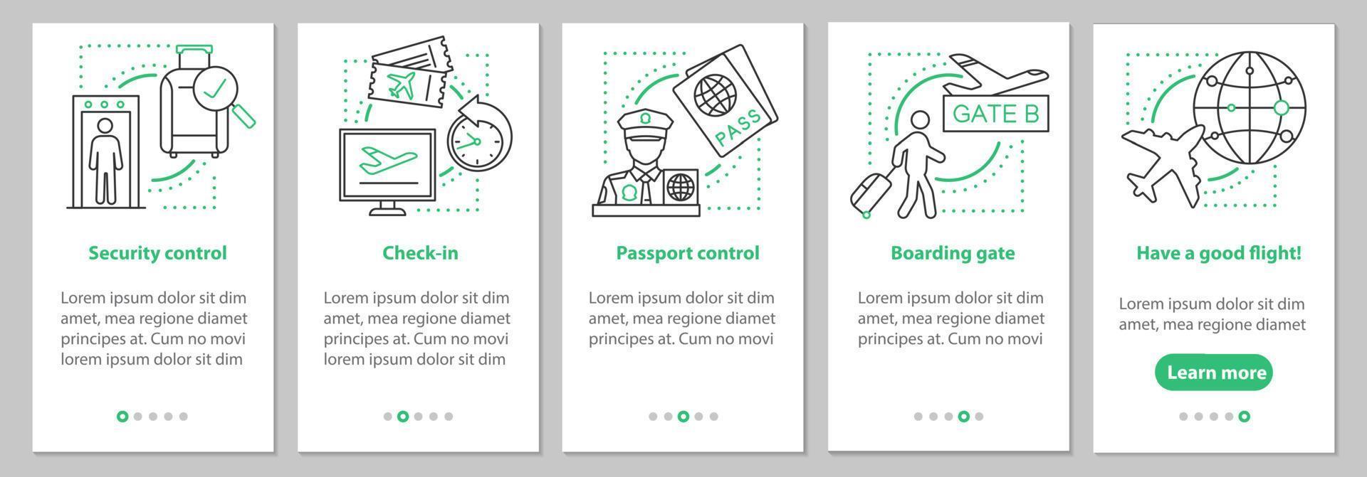 écran de page d'application mobile d'intégration du service aéroportuaire avec des concepts linéaires. instructions graphiques des étapes d'embarquement de l'avion. modèle vectoriel ux, ui, gui avec illustrations