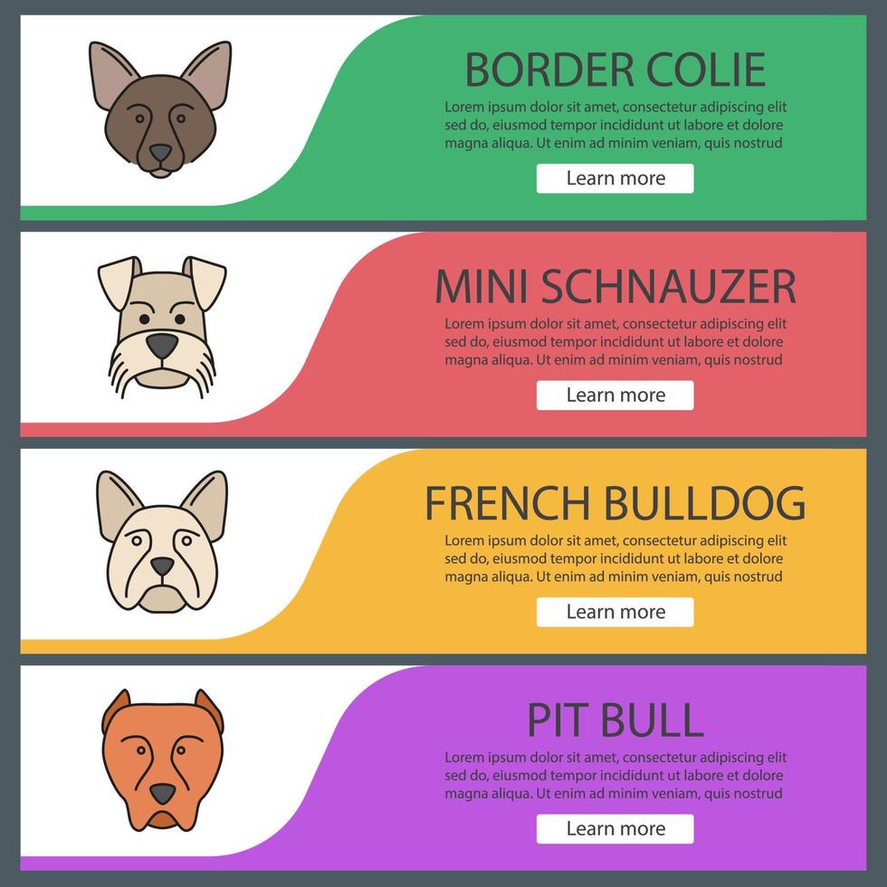 chiens races ensemble de modèles de bannière web. éléments du menu de couleur du site Web. border collie, mini schnauzer, bouledogue français, pit-bull. concepts de conception d'en-têtes de vecteur