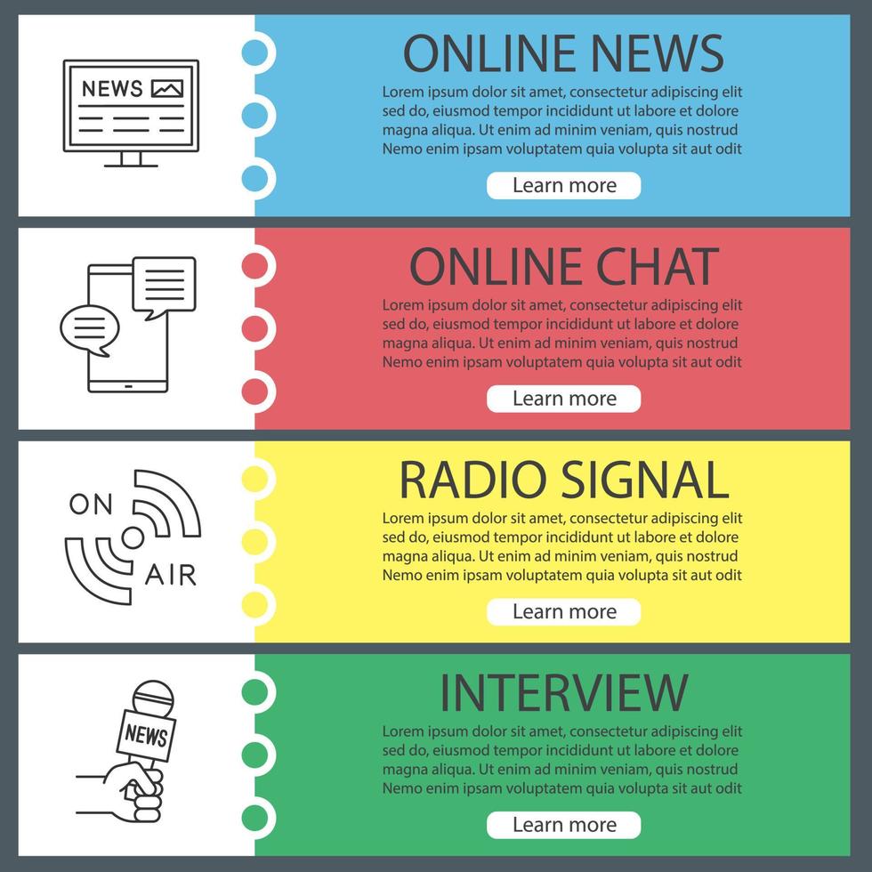 ensemble de modèles de bannière web de médias de masse. journal électronique, chat en ligne, signal radio, interview. éléments de menu de couleur de site Web avec des icônes linéaires. concepts de conception d'en-têtes de vecteur