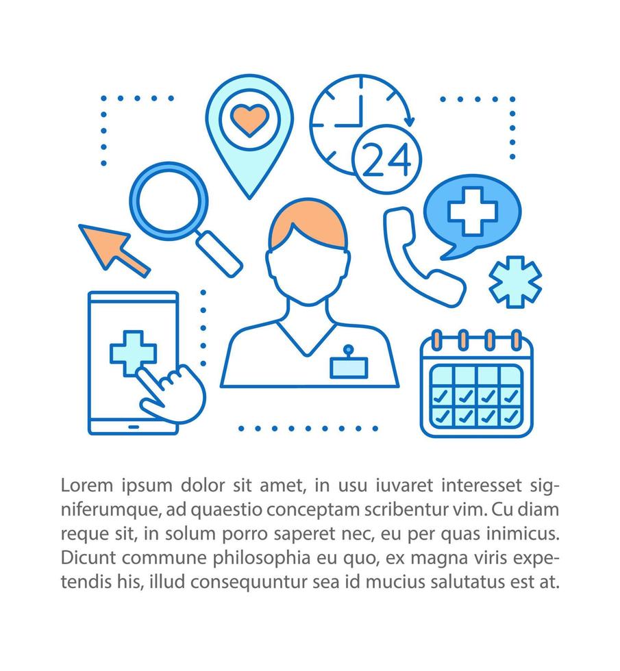 illustration linéaire de concept de clinique. médecine et soins de santé. rendez-vous chez le médecin. article, brochure, mise en page de magazine. hôpital. services médicaux. zone de texte. dessin de contour isolé de vecteur