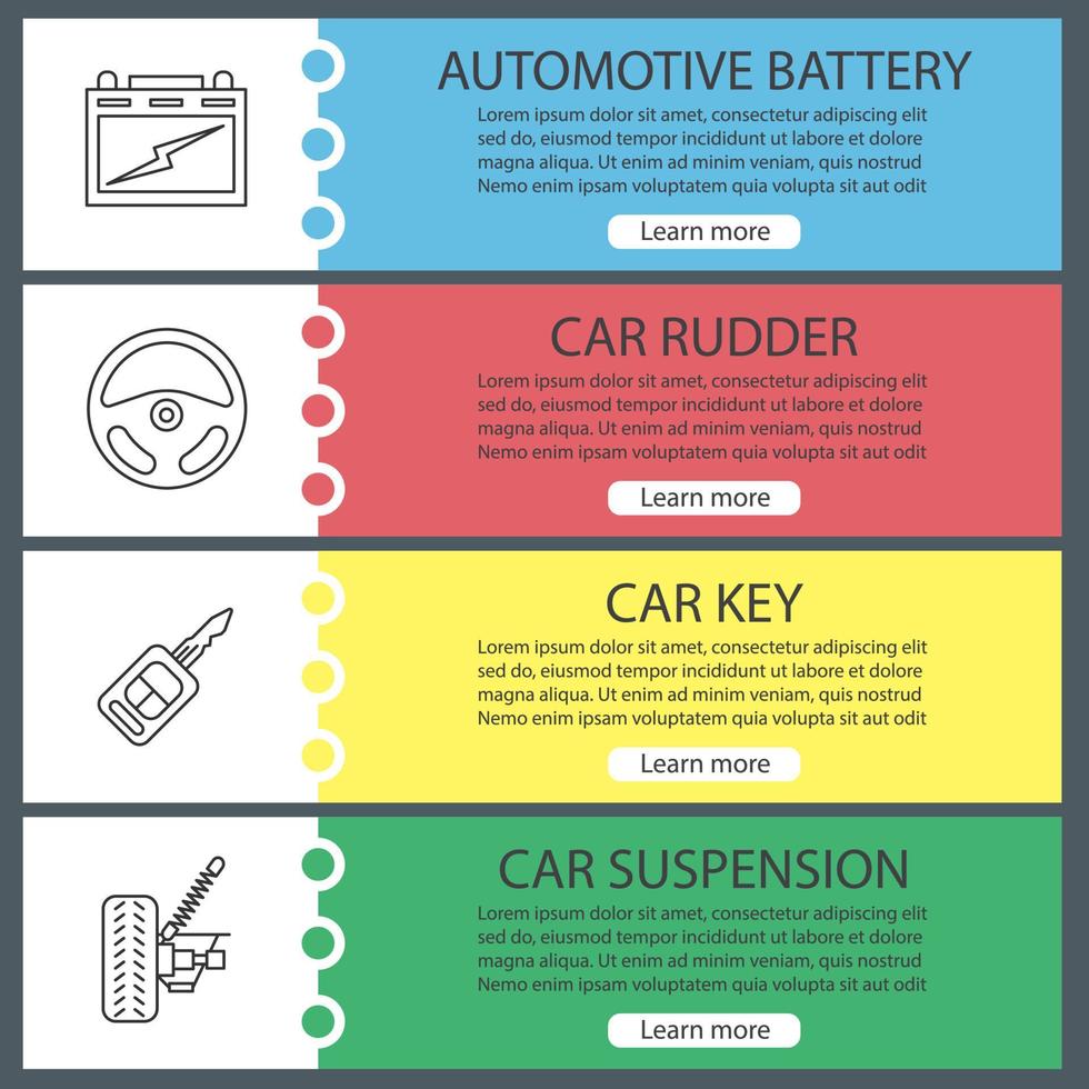 ensemble de modèles de bannière web d'atelier automatique. batterie automobile, gouvernail de voiture, clé, suspension. éléments de menu de couleur de site Web avec des icônes linéaires. concepts de conception d'en-têtes de vecteur