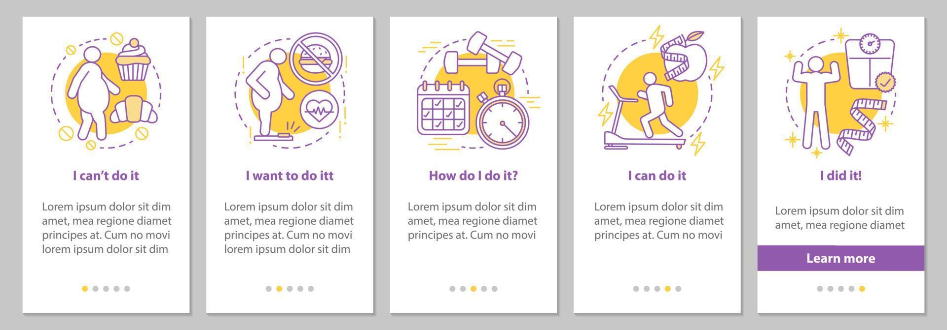 Étapes de perte de poids en intégrant l'écran de la page de l'application mobile avec des concepts linéaires. instructions graphiques de lutte contre l'obésité. modèle vectoriel ux, ui, gui avec illustrations