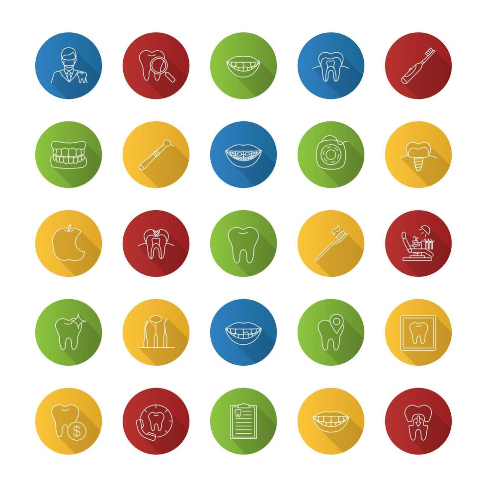 ensemble d'icônes plat linéaire grandissime de dentisterie. stomatologie. services de clinique dentaire, instruments, hygiène dentaire, problèmes. illustration de contour de vecteur
