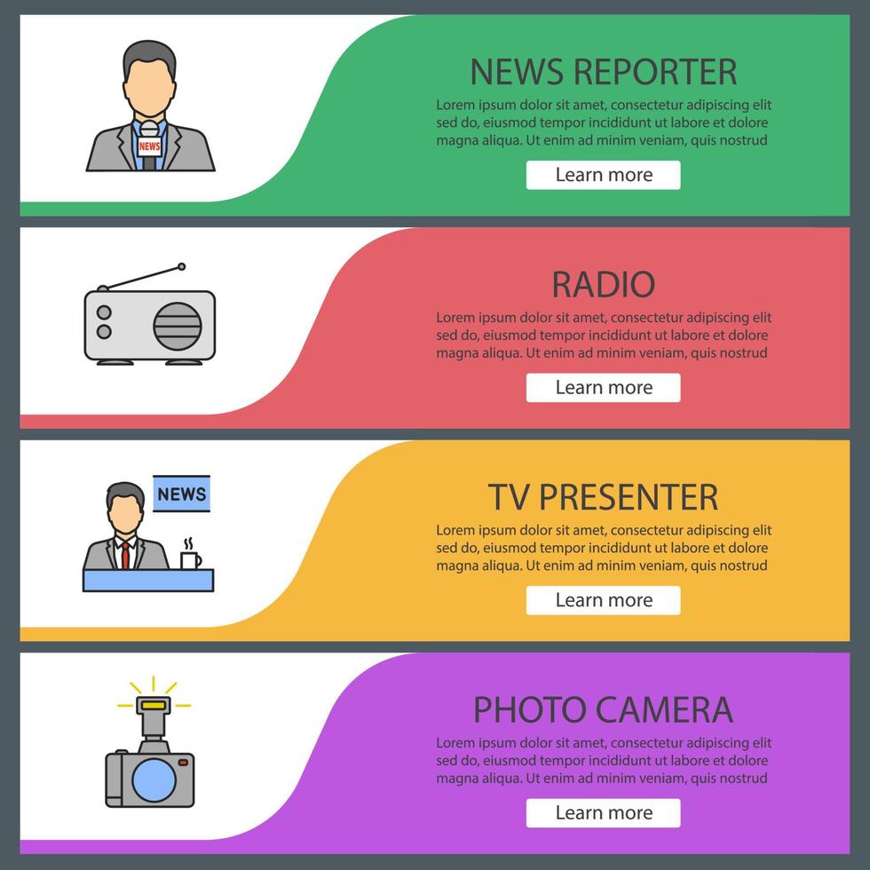 ensemble de modèles de bannière web de médias de masse. éléments du menu de couleur du site Web. journaliste, radio, présentateur de télévision, appareil photo. concepts de conception d'en-têtes de vecteur