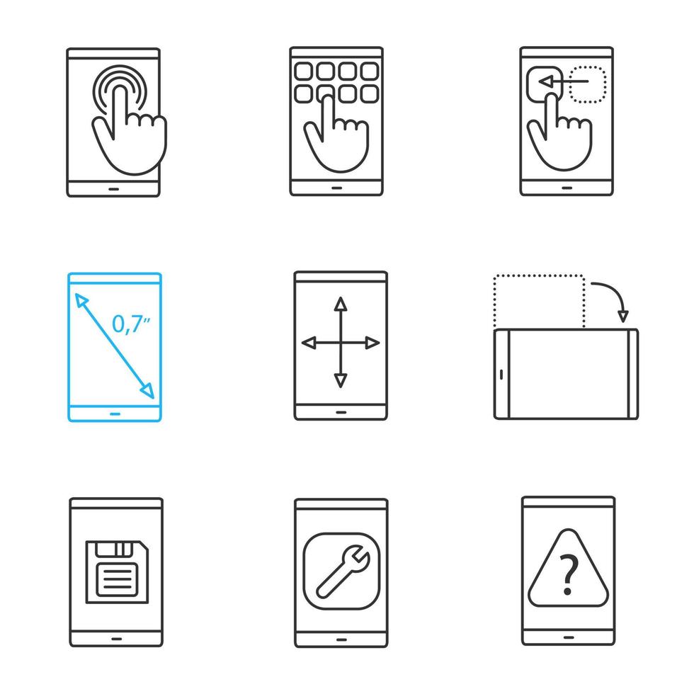 jeu d'icônes linéaires smartphone. écran tactile, clavier, geste de glissement, rotation de l'affichage, taille en pouces, redimensionnement de l'écran, bouton d'enregistrement, paramètres, faq. symboles de contour de ligne mince. illustrations de contour de vecteur isolé