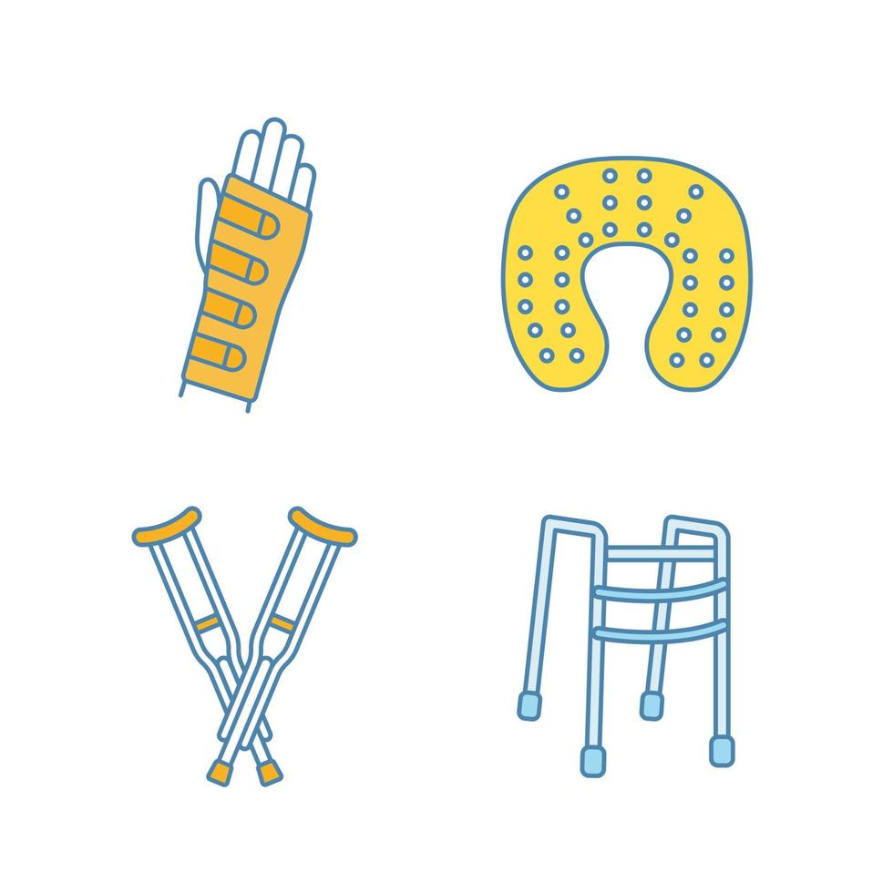 Ensemble d'icônes de couleur de traitement des traumatismes. attelle de poignet, oreiller cervical, béquilles axillaires, marchette. illustrations vectorielles isolées vecteur