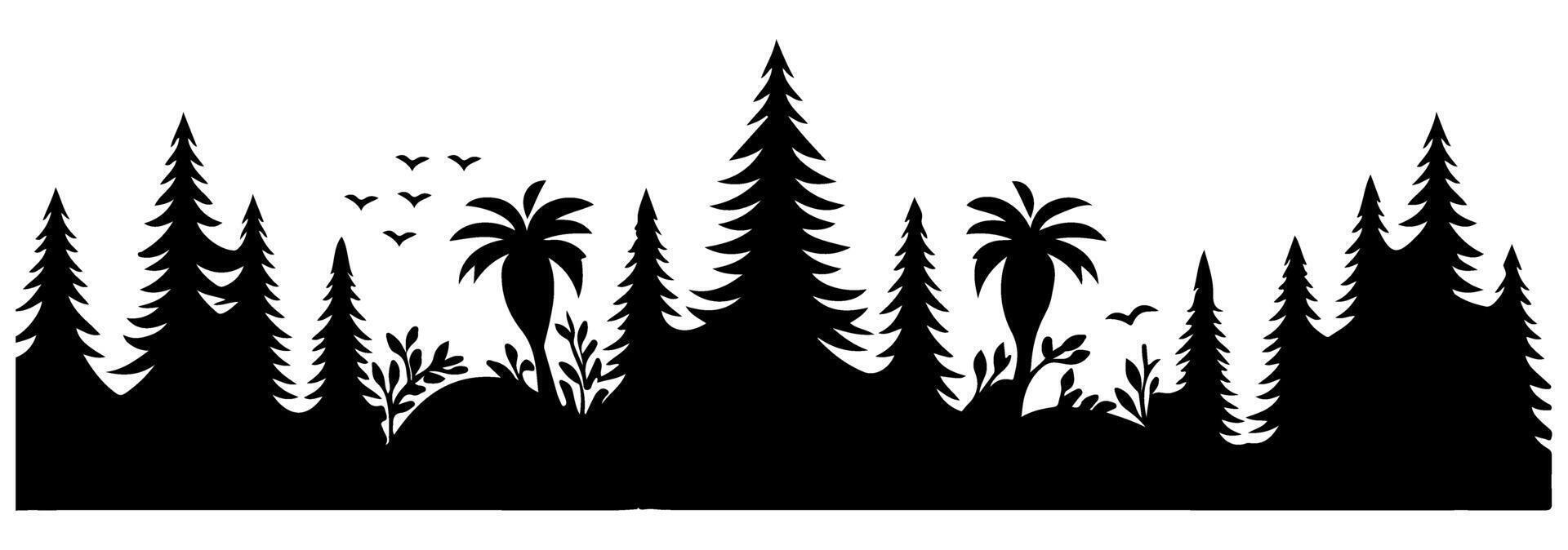 panorama silhouette Montagne avec forêt pin des arbres paysage noir ligne esquisser art main tiré style vecteur illustration