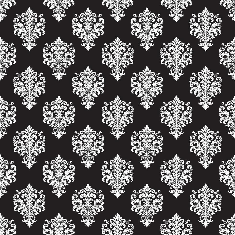 damassé en tissu textile sans couture modèle luxe décoratif ornemental blanc élément sur noir Contexte. carré style. rideau, tapis, fond d'écran, tuile, emballage, textile vecteur