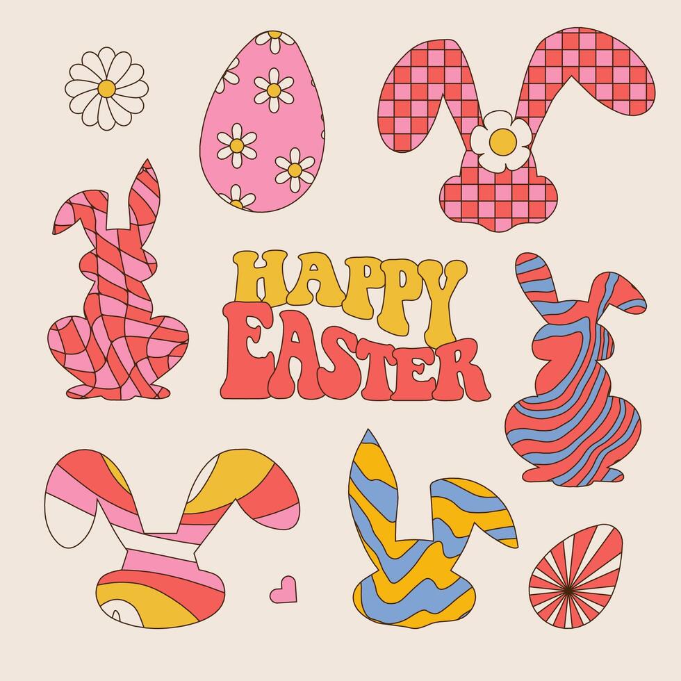 Années 70 sensationnel hippie content Pâques ensemble de Pâques lapins avec motifs dans branché rétro dessin animé style. linéaire main tiré vecteur illustration.