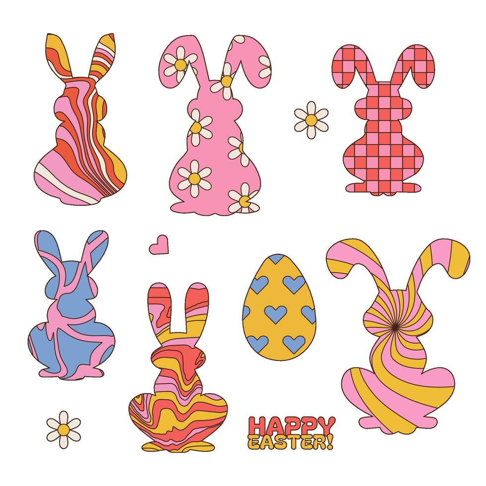 Pâques ensemble avec lapin silhouettes avec sensationnel motifs à l'intérieur. linéaire main tiré vecteur illustration.