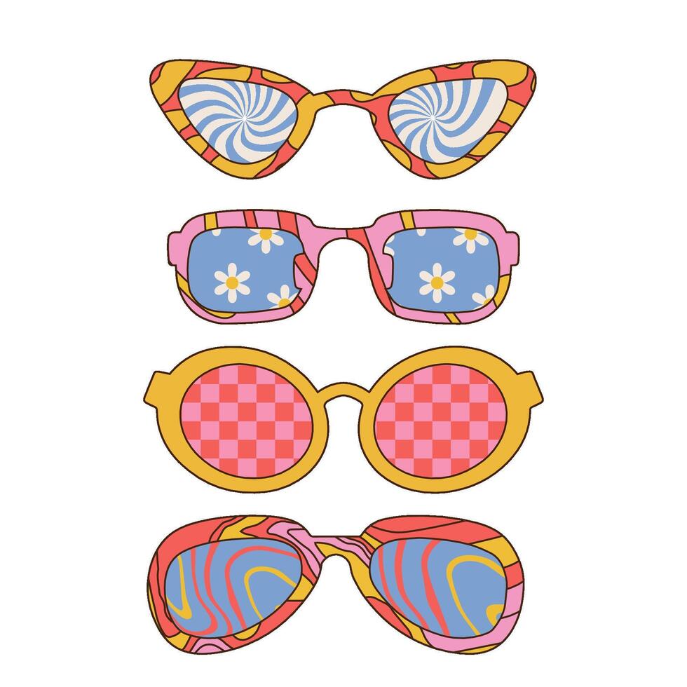 ensemble de sensationnel des lunettes de soleil dans Années 70 rétro hippie style. géométrique abstrait lunettes dans différent formes avec sensationnel motifs à l'intérieur pour impression sur tee-shirts, cartes. linéaire main tiré vecteur illustration.