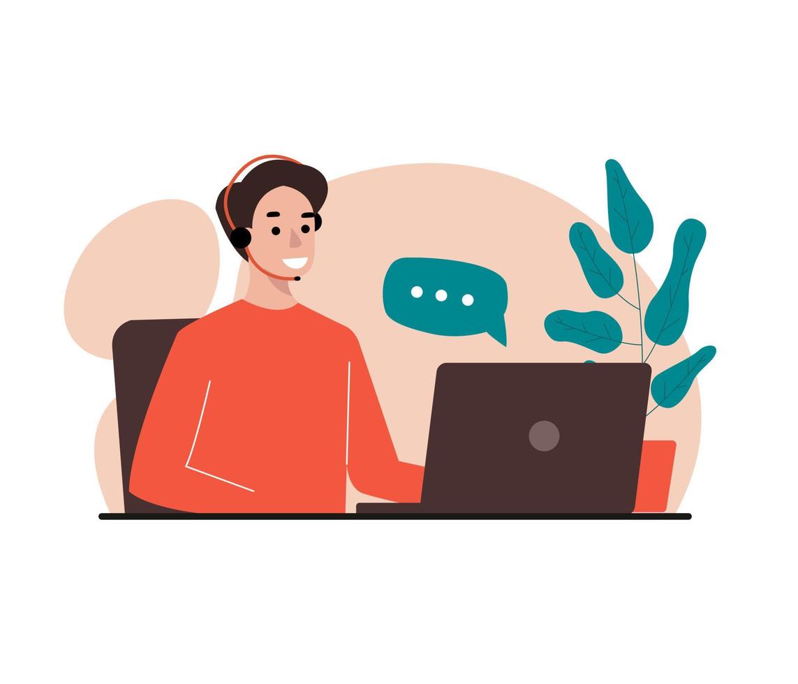 homme travaillant avec un ordinateur. illustration de concept, processus de travail, indépendant, bureau, travail à domicile, réunion d'affaires via Internet, communication, illustration. vecteur