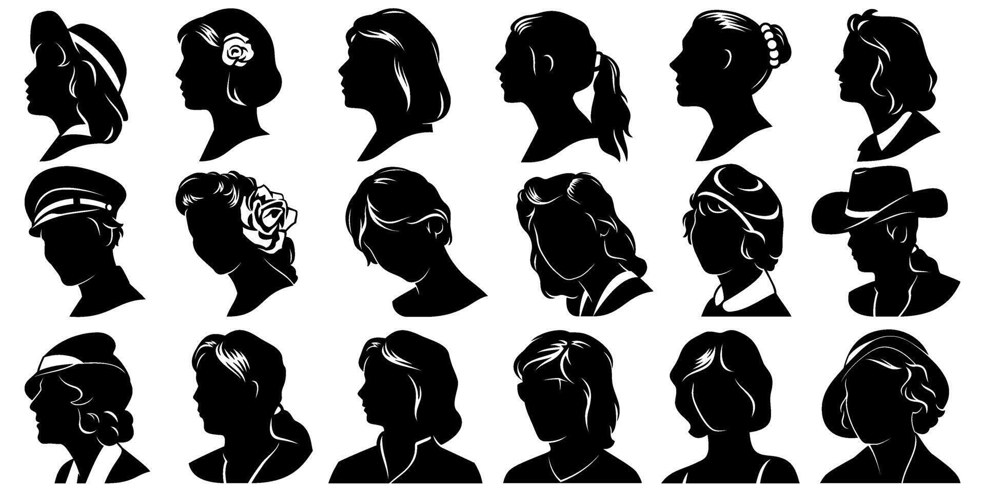 femme têtes silhouettes pour avatars, membre profils. vecteur cliparts isolé sur blanche.