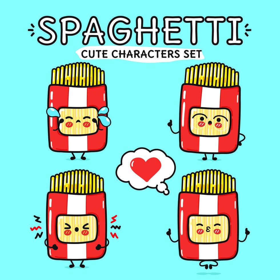 marrant mignonne pack spaghetti personnages paquet ensemble. vecteur main tiré griffonnage style dessin animé personnage illustration icône conception. isolé sur bleu Contexte. pack spaghetti mascotte personnage collection