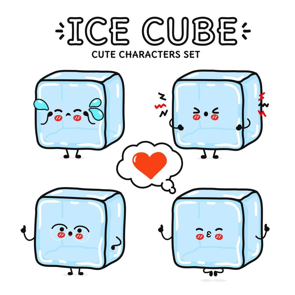 marrant mignonne content la glace cube personnages paquet ensemble. vecteur main tiré griffonnage style dessin animé personnage illustration icône conception. isolé blanc Contexte. la glace cube mascotte personnage collection