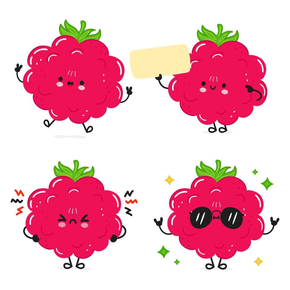 marrant framboises personnages paquet ensemble. vecteur main tiré griffonnage style dessin animé personnage illustration icône conception. mignonne framboises mascotte personnage collection