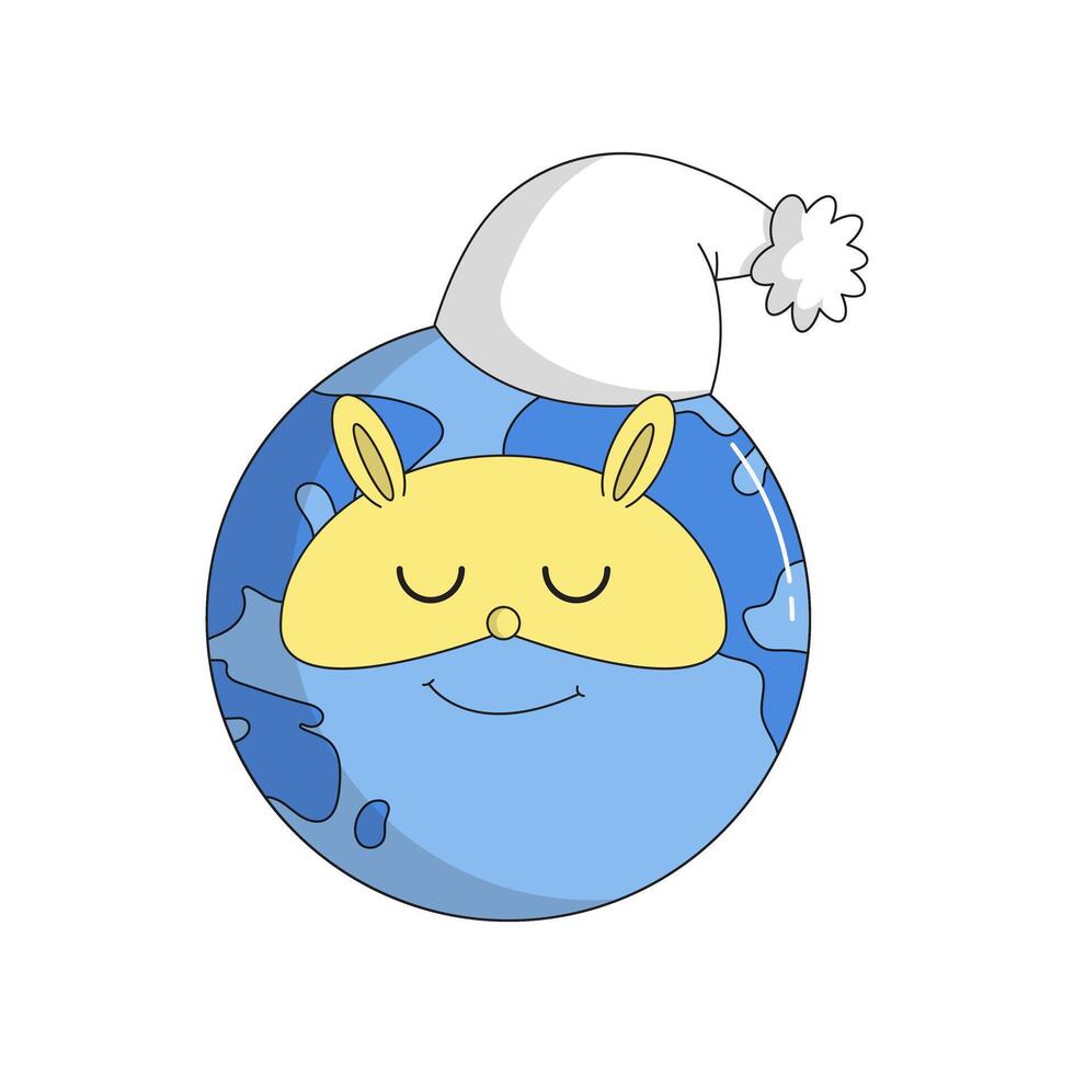 monde sommeil journée. Terre heure. en train de dormir personnage planète Terre dans sommeil casquette et masque lapin. psychédélique sourire. rétro mascotte dessin animé style. vecteur plat illustration