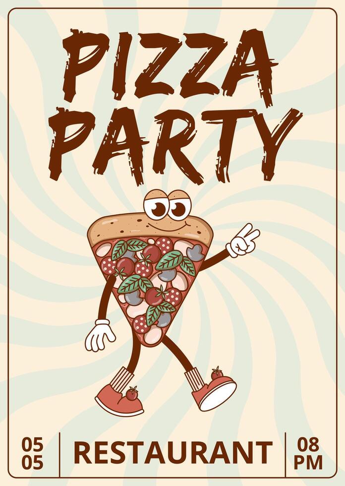 rétro sensationnel dessin animé personnage vite nourriture Pizza. affiche Pizza fête avec ancien mascotte psychédélique sourire, émotion. froussard vecteur illustration