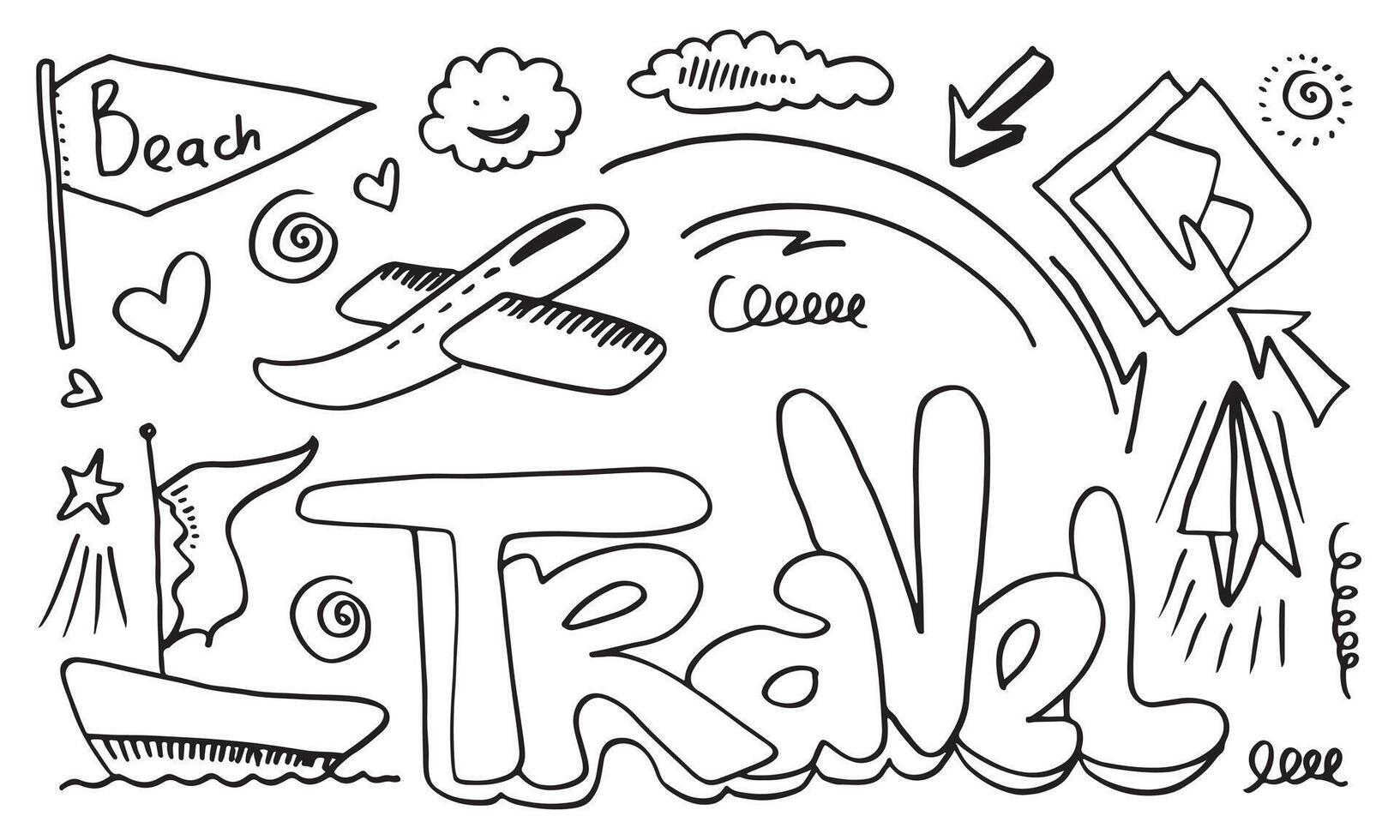 ensemble de doodle de voyage dessinés à la main. illustration vectorielle.doodle conception de collection de voyages dans le monde de l'art. vecteur