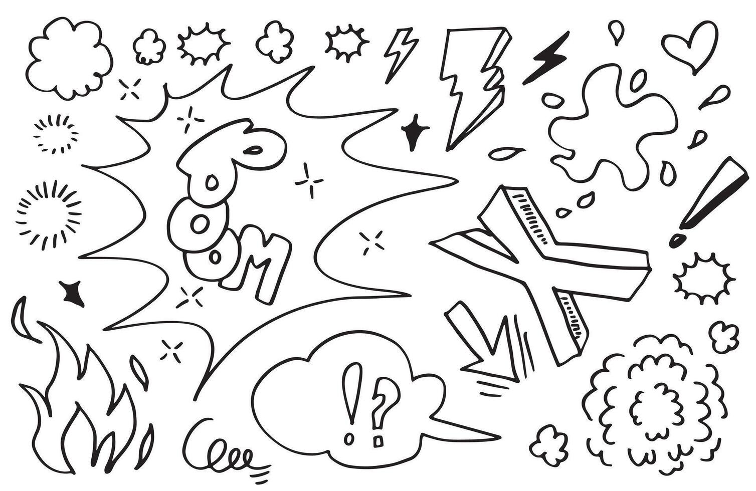 griffonnages comiques dessinés à la main isolés sur fond blanc. illustration vectorielle. vecteur