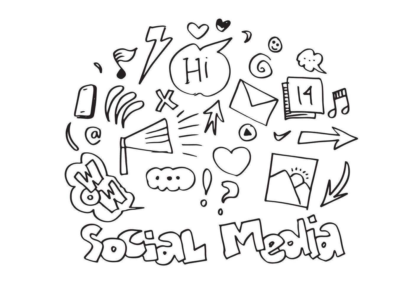 dessin au trait vectoriel doodle ensemble d'objets et de symboles sur le thème des médias sociaux.