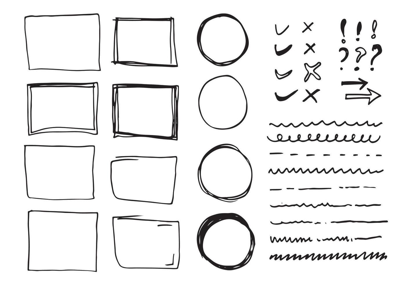 lignes et courbes vectorielles de doodle. signes de contrôle et de flèches dessinés à la main. ensemble de lignes, courbes, cadres et taches simples de doodle. collection d'effets de crayon. bordure de griffonnage. ensemble de griffonnage simple. vecteur