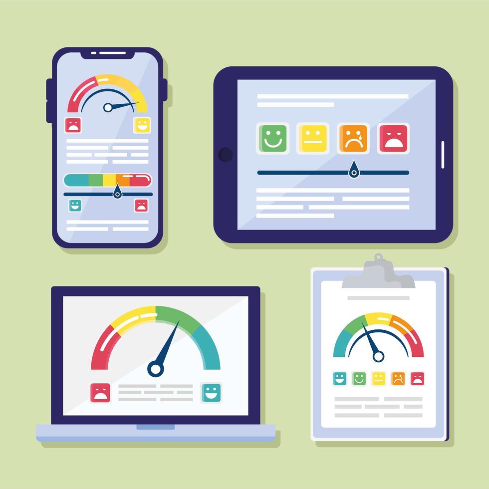 ensemble d'icônes de satisfaction client dans la liste de contrôle et les appareils électroniques vecteur