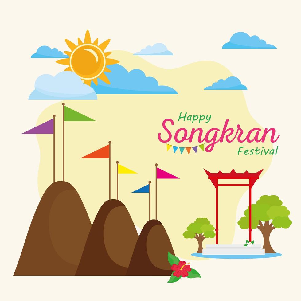 joyeux festival de songkran lettrage avec des drapeaux de couleurs dans la scène des montagnes vecteur