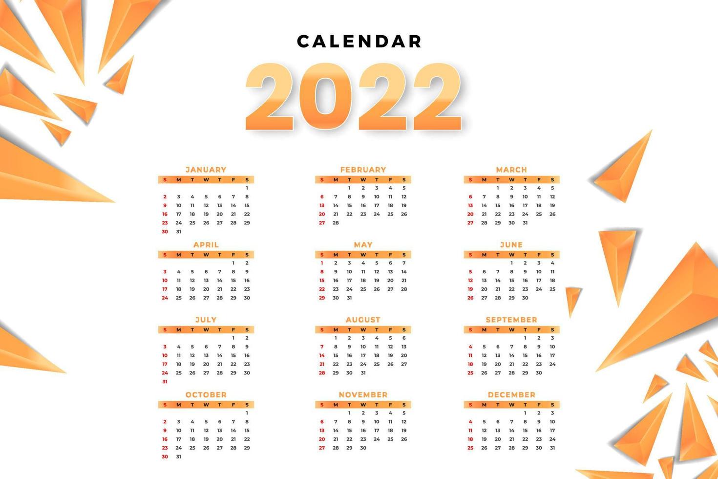 modèle de calendrier mensuel pour l'année 2022. la semaine commence le dimanche. calendrier mural dans un style minimaliste. vecteur