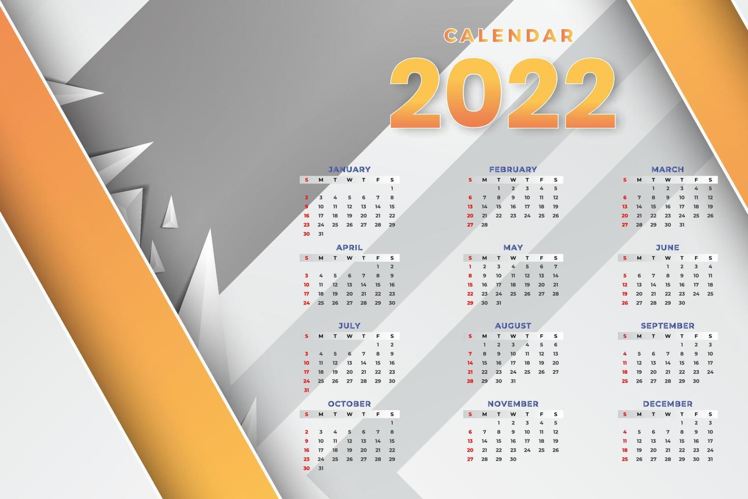 modèle de calendrier mensuel pour l'année 2022. la semaine commence le dimanche. calendrier mural dans un style minimaliste. vecteur
