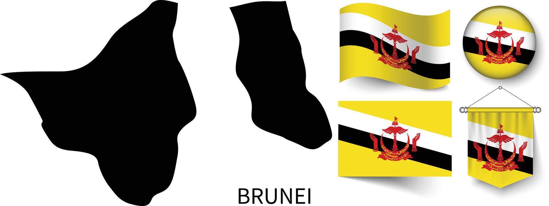 le divers motifs de le brunei nationale drapeaux et le carte de le brunei les frontières vecteur