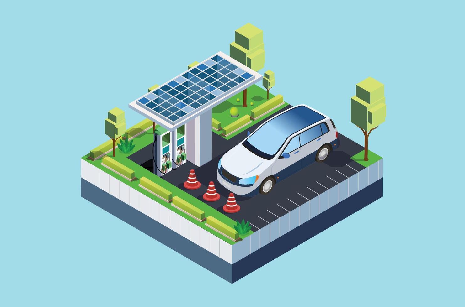 isométrique électrique voiture mise en charge sur parking lot avec vite compresseur station et beaucoup chargeur stalles. véhicule sur renouvelable solaire panneau vent énergie batterie espace de rangement station dans réseau grille. vecteur