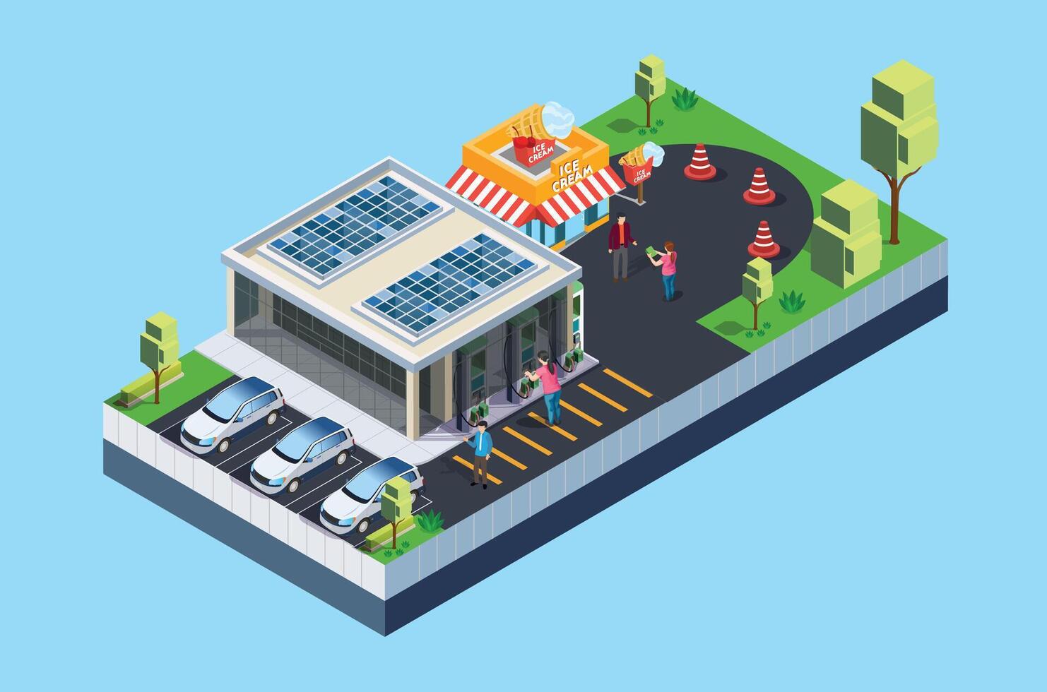 isométrique électrique voiture mise en charge sur parking lot avec vite compresseur station et beaucoup chargeur stalles. véhicule sur renouvelable solaire panneau vent énergie batterie espace de rangement station dans réseau grille. vecteur