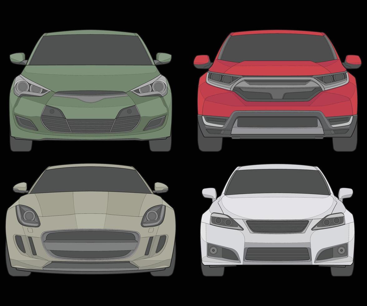 ensemble de de face vue vecteur illustration de isolé surligner Couleur voiture sur noir arrière-plan, véhicule dans une plat dessin animé style.