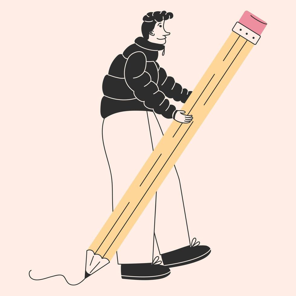 Jeune la personne en portant une grand crayon dans dessin animé style. dessin, en écrivant, créer, conception, bloguer concept vecteur