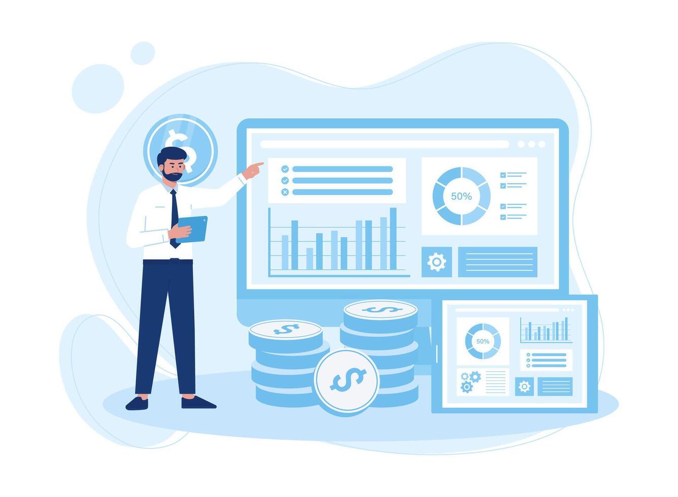 une homme avec une tablette analyses infographies. diagrammes bar graphiques rapports concept plat illustration vecteur