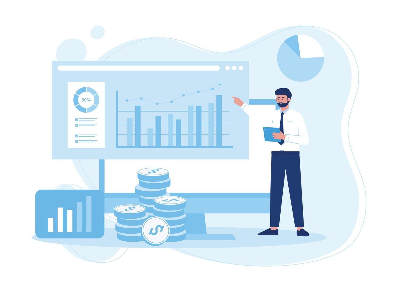 une chef avec Succès et graphique une analyse concept plat illustration vecteur