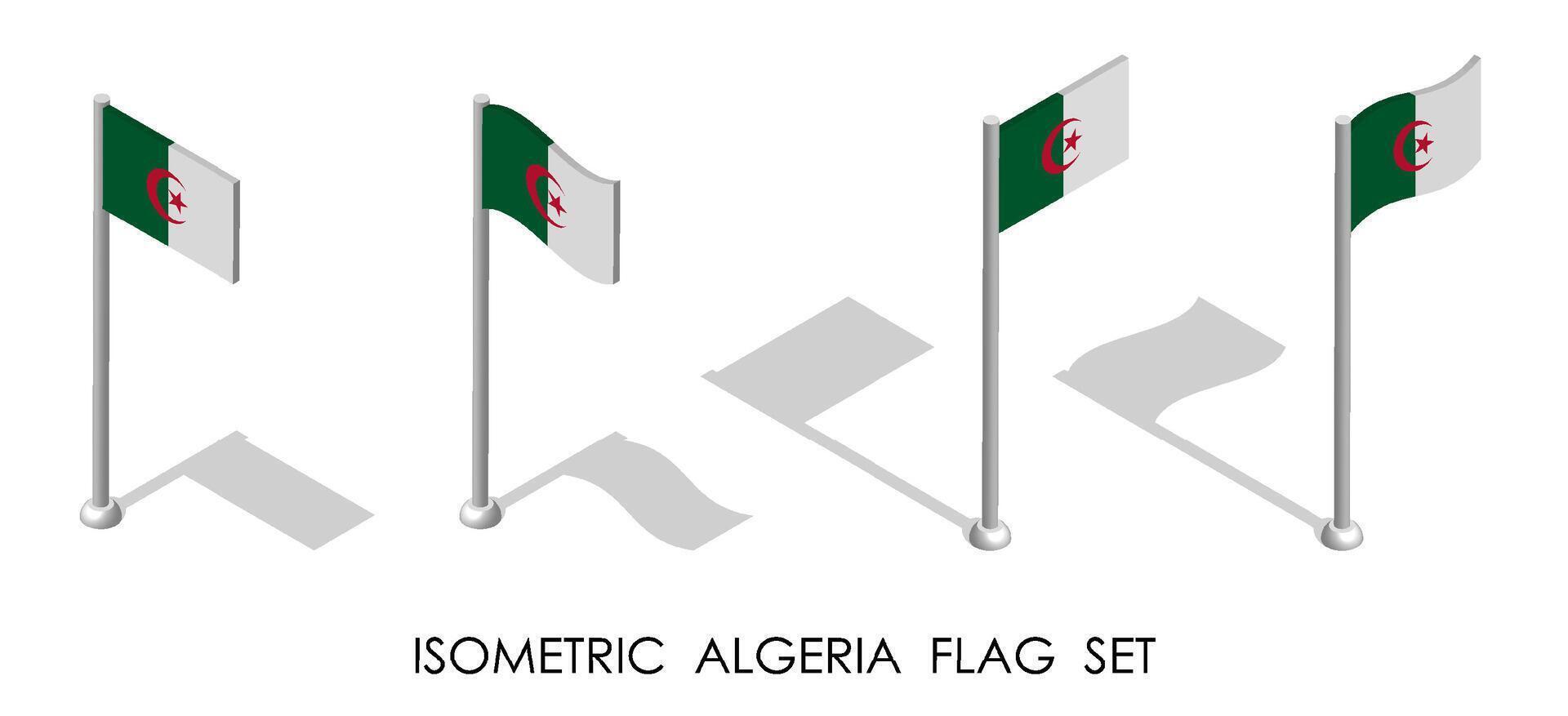 isométrique drapeau de Algérie dans statique position et dans mouvement sur mât de drapeau. 3d vecteur