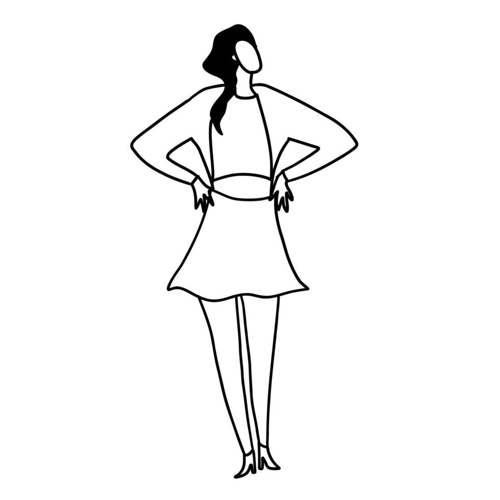 élégant, branché et moderne mode fille. vecteur illustration dans main tiré contour griffonnage Facile contour style isolé sur blanc Contexte. pour affiche, emballage, couverture art.