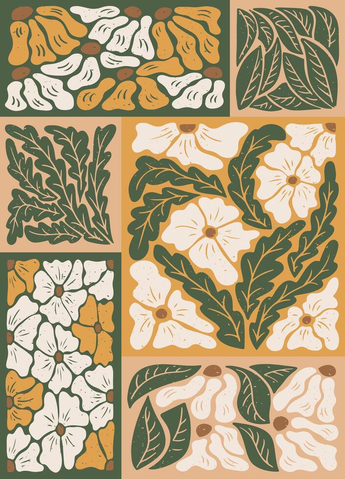 abstrait floral verticale graphique composition. plat botanique affiche dans gravure technique avec grunge texture et rayures. idéal pour Accueil décoration, affiches vecteur