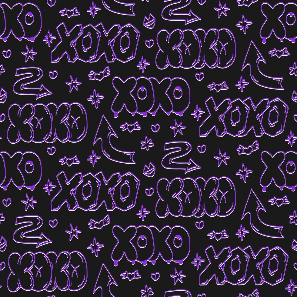 violet griffonnage contour mots modèle. foncé thème. branché Années 90 style concept. main tiré mots dans bulle, rue style graffiti style. parfait pour moderne textile, bannière, emballage papier vecteur