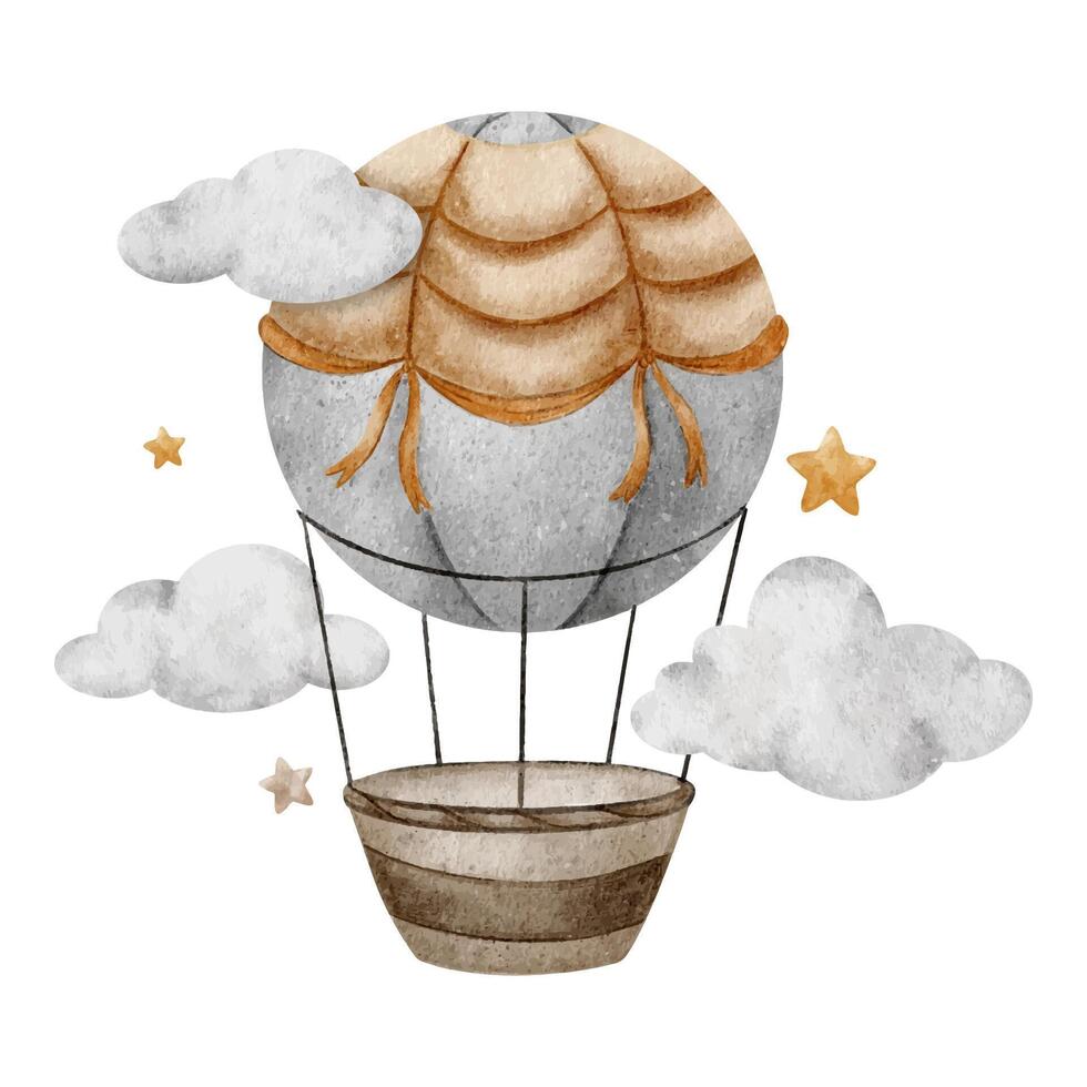 beige chaud air ballon avec panier en volant dans des nuages et étoiles. mignonne bébé avion. aquarelle illustration. isolé. conception pour des gamins marchandises, vêtements, cartes postales, bébé douche et enfants pièce vecteur