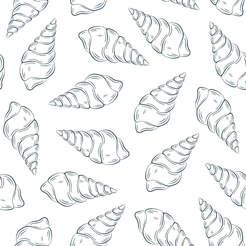 coquillage sans couture modèle dans plat, ligne art style. sous-marin été conception pour textile, emballer, mer nourriture restaurant. vecteur illustration sur une blanc Contexte.