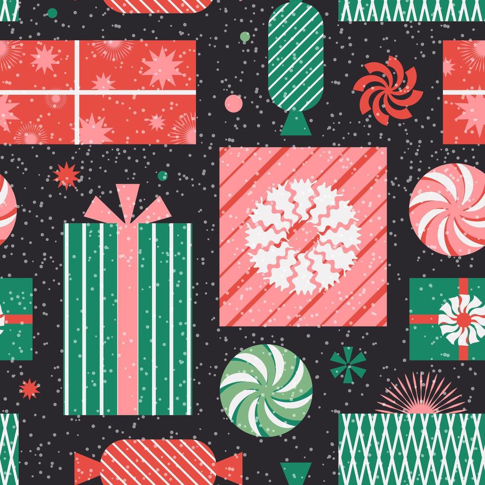 Noël sans couture modèle pour vacances emballage papier ou moderne Nouveau année textile sur une noir Contexte avec neige. vecteur. vecteur