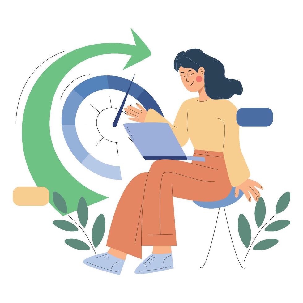 une fille avec une portable est Faire un l'Internet la vitesse test. réseau les technologies. vecteur plat illustration pour site Internet ou ui ux conception