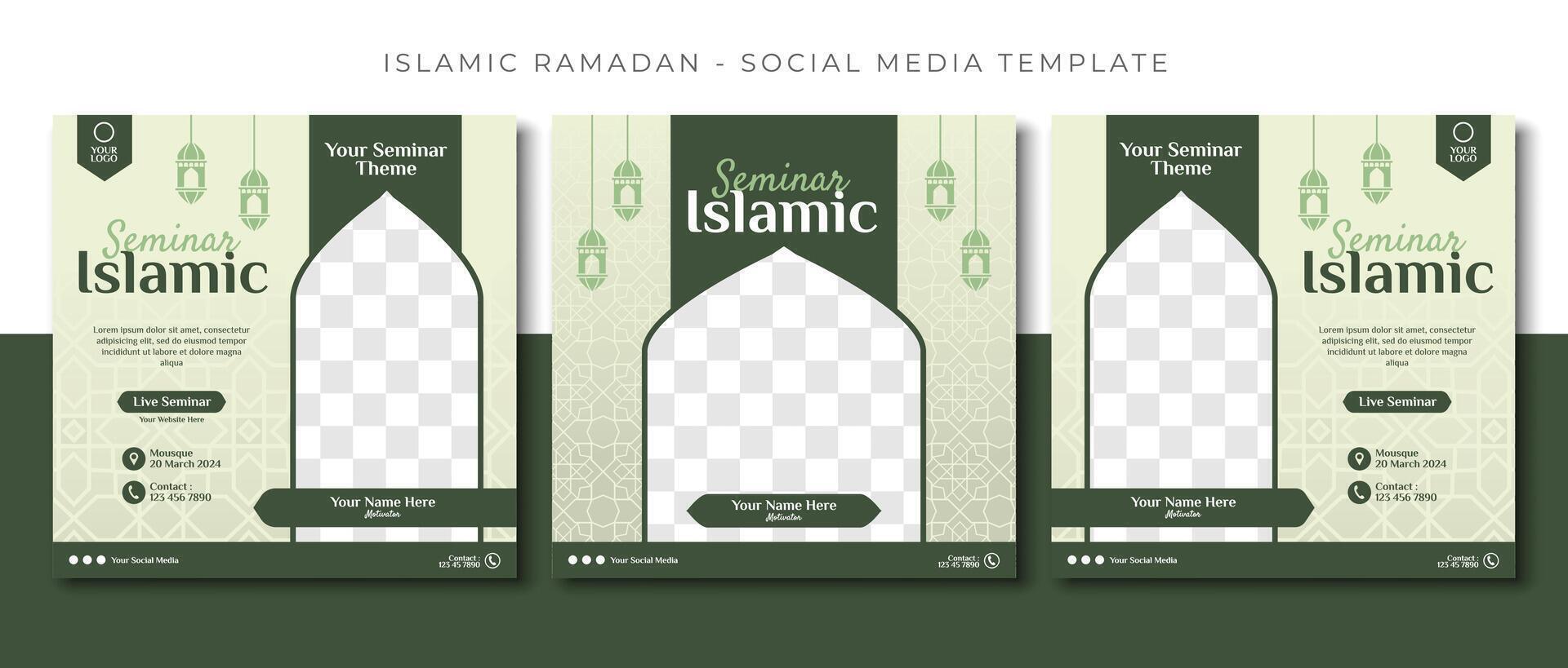 séminaire en ligne séminaire islamique vente, vert social médias Publier modèle conception, un événement promotion vecteur bannière